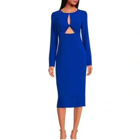 Guess Dresses & Skirts - NWT Guess Size 6 Solid Royal Blue Dress  Cutout Front Sexy Midi Long Sleeve